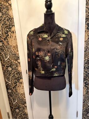 GORGEOUS Black Floral Embroidered Cropped Jacket with Satin Chartreuse Lining
